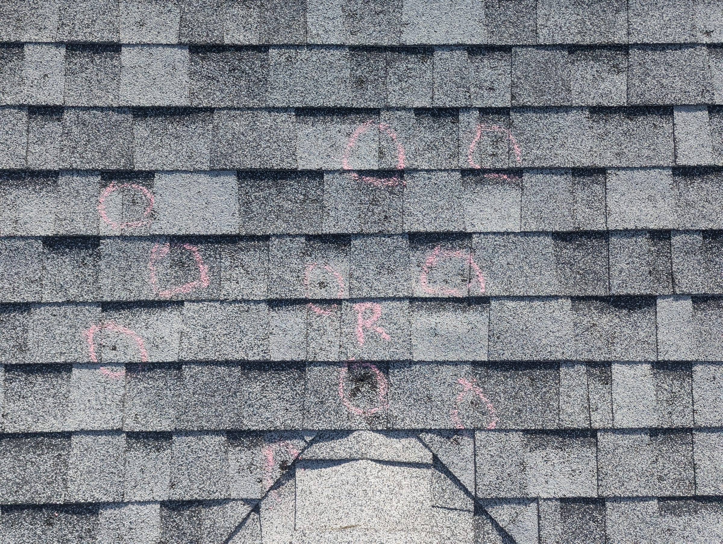 Asphalt shingle roof with chalk-marked hail damage from storm inspection